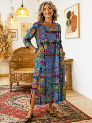 Women's Midi Dress with Artistic Print and Side Slit