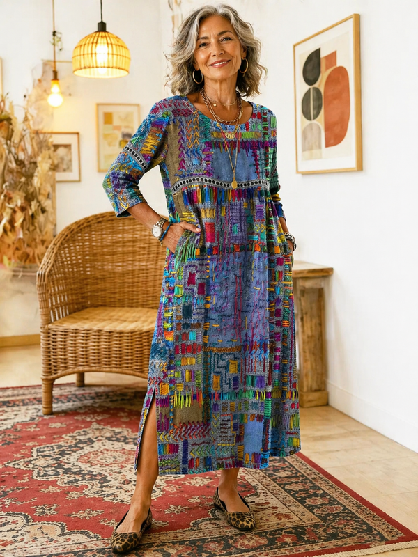 Women's Midi Dress with Artistic Print and Side Slit