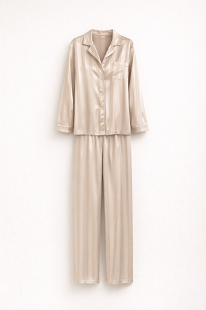 Elegant Satin Lounge Set Women Button-Up Top Relaxed Trousers