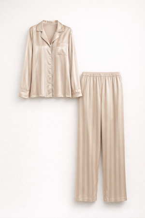 Elegant Satin Lounge Set Women Button-Up Top Relaxed Trousers