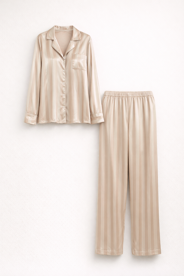 Elegant Satin Lounge Set Women Button-Up Top Relaxed Trousers