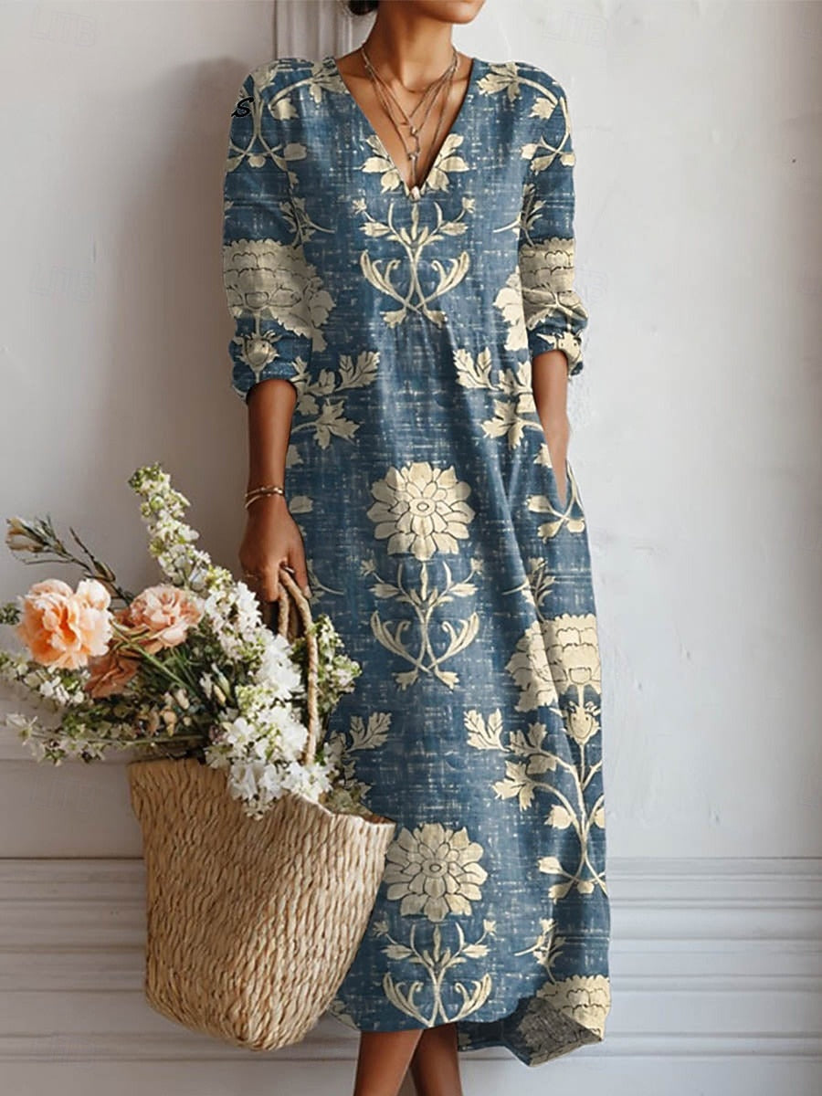 Women’s Vintage Floral Midi Dress with V-Neckline and Bohemian Style