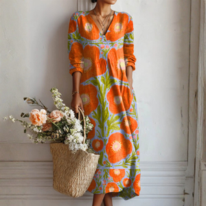Women’s Floral Print V Neck Boho Midi Dress