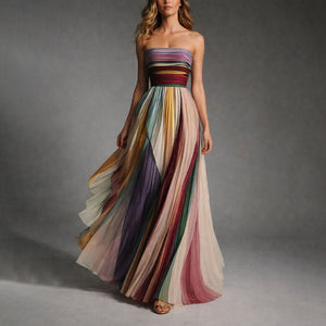 Vestido largo multicolor de mujer sin tirantes y con falda vaporosa