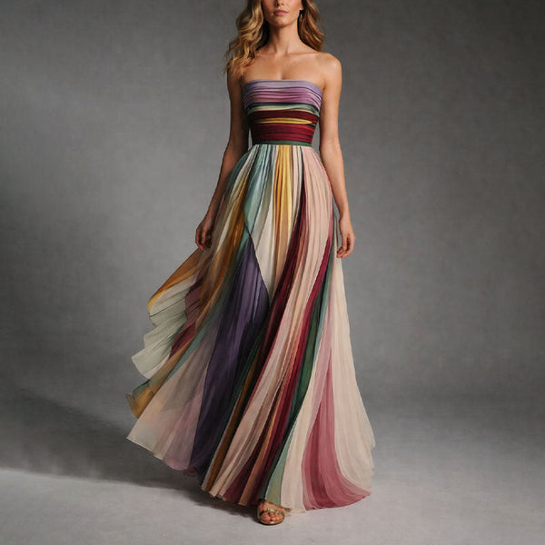 Vestido largo multicolor de mujer sin tirantes y con falda vaporosa