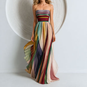 Vestido largo multicolor de mujer sin tirantes y con falda vaporosa