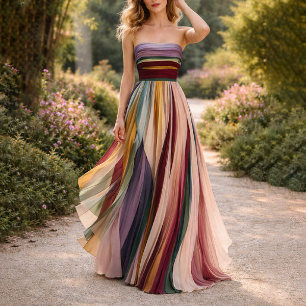 Vestido largo multicolor de mujer sin tirantes y con falda vaporosa