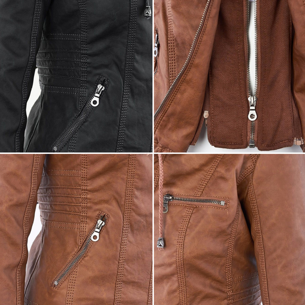 Women's Hooded Faux Leather Moto Jacket with Zip Front