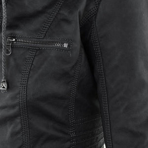 Women's Hooded Faux Leather Moto Jacket with Zip Front