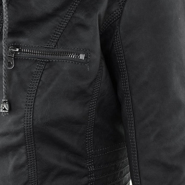 Women's Hooded Faux Leather Moto Jacket with Zip Front