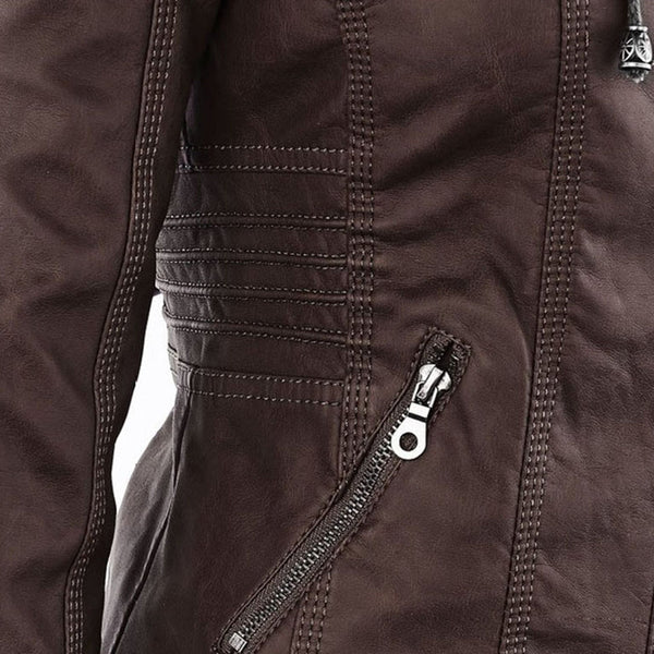 Women's Hooded Faux Leather Moto Jacket with Zip Front