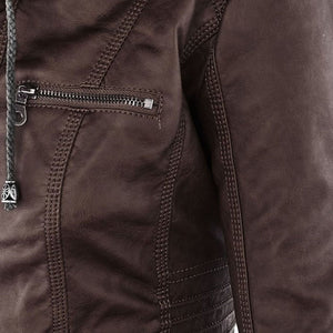 Women's Hooded Faux Leather Moto Jacket with Zip Front