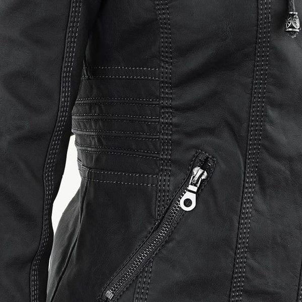 Women's Faux Leather Jacket with Hood