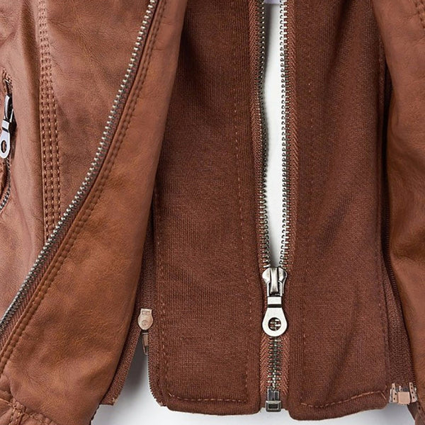 Women's Hooded Faux Leather Moto Jacket with Zip Front