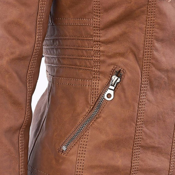 Women's Faux Leather Jacket with Hood