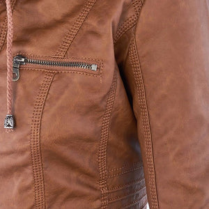 Women's Hooded Faux Leather Moto Jacket with Zip Front