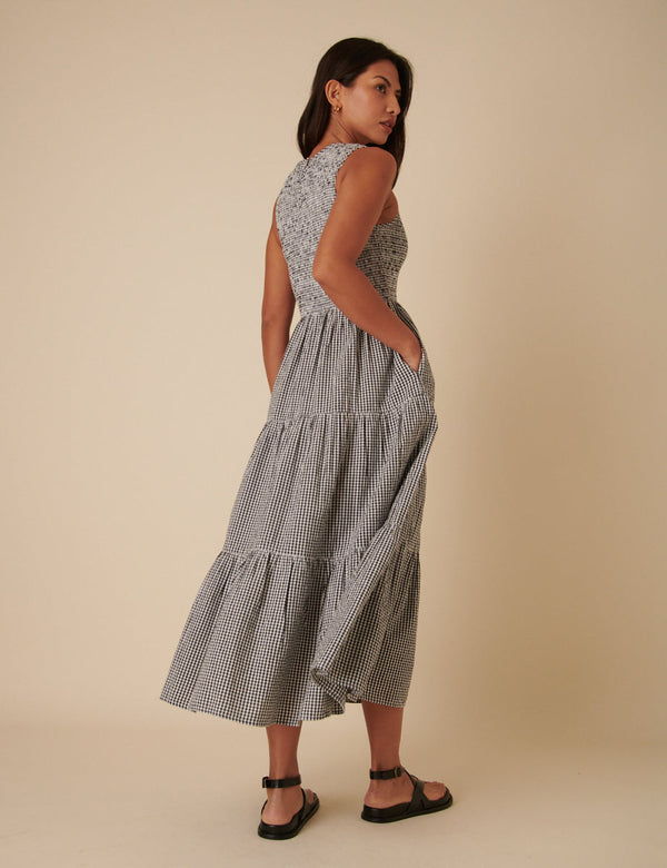 Vestido midi de cuadros vichy sin mangas para mujer con bolsillos