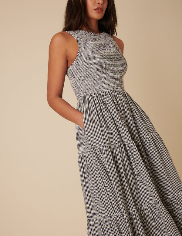 Vestido midi de cuadros vichy sin mangas para mujer con bolsillos