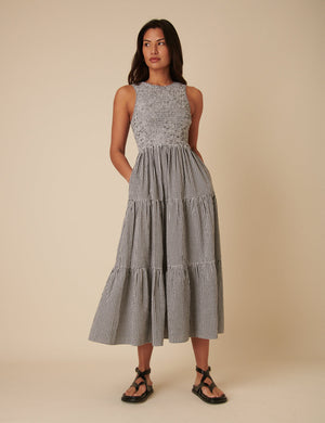 Vestido midi de cuadros vichy sin mangas para mujer con bolsillos