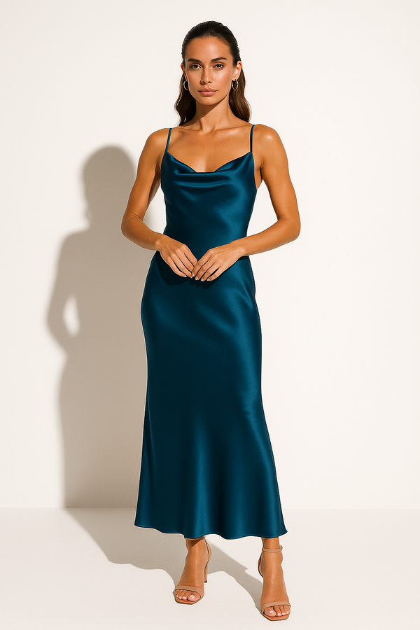 Women's Satin Midi Dress with Draped Neckline
