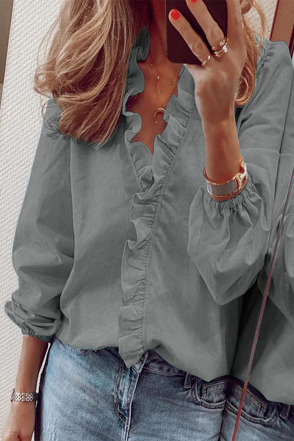 Blusa con volantes y escote en V de manga larga para mujer