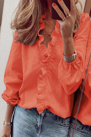 Blusa con volantes y escote en V de manga larga para mujer