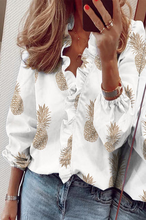 Blusa con volantes y escote en V de manga larga para mujer