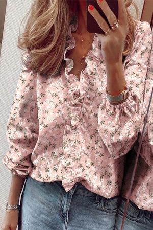 Blusa con volantes y escote en V de manga larga para mujer