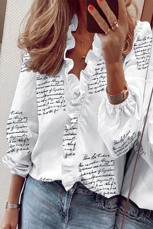 Blusa con volantes y escote en V de manga larga para mujer