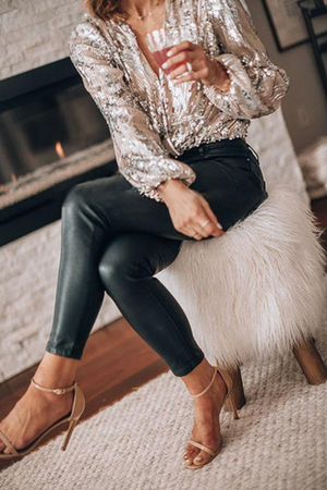 Elegant Long Sleeve Sequin V-Neck Blouse