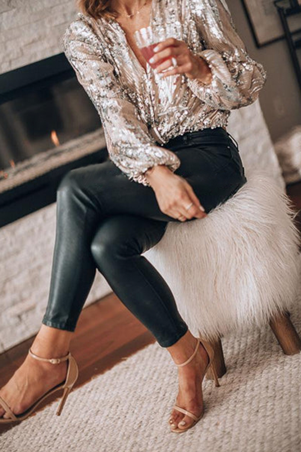 Elegant Long Sleeve Sequin V-Neck Blouse