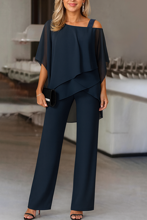 Women’s Elegant Off-Shoulder Layered Top & Wide Leg Pants Set