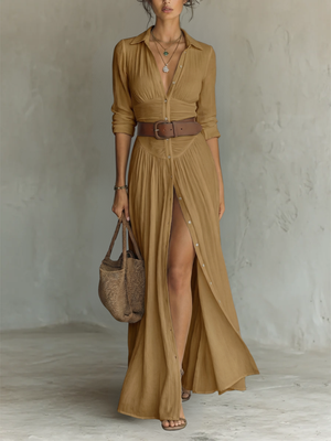 Women's Maxi Shirt Dress with Front Slit