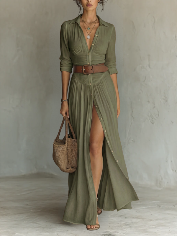 Women's Maxi Shirt Dress with Front Slit