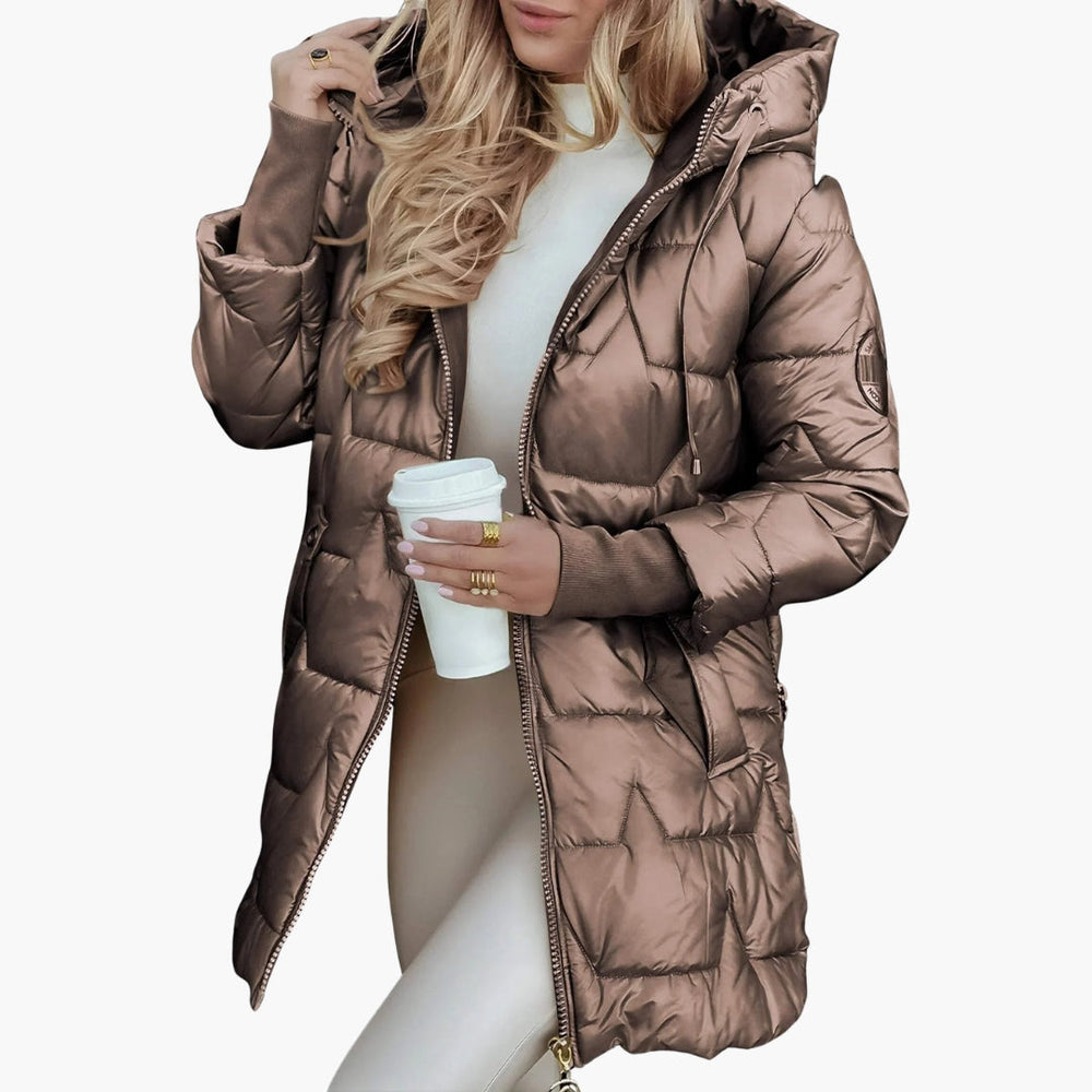Abrigo acolchado largo con capucha y cremallera frontal para mujer