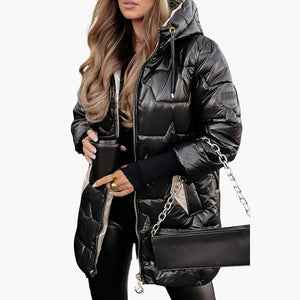 Women's Hooded Quilted Puffer Winter Jacket with Zip Front