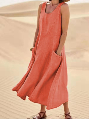 Women's Sleeveless Pocket Midi Dress with Relaxed Flowy Silhouette