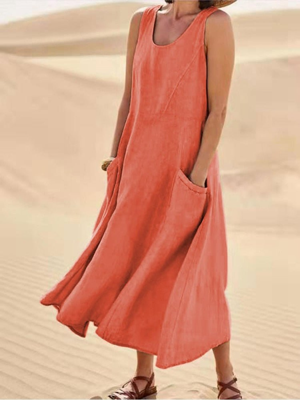 Women's Sleeveless Pocket Midi Dress with Relaxed Flowy Silhouette