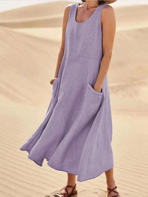 Women's Sleeveless Pocket Midi Dress with Relaxed Flowy Silhouette