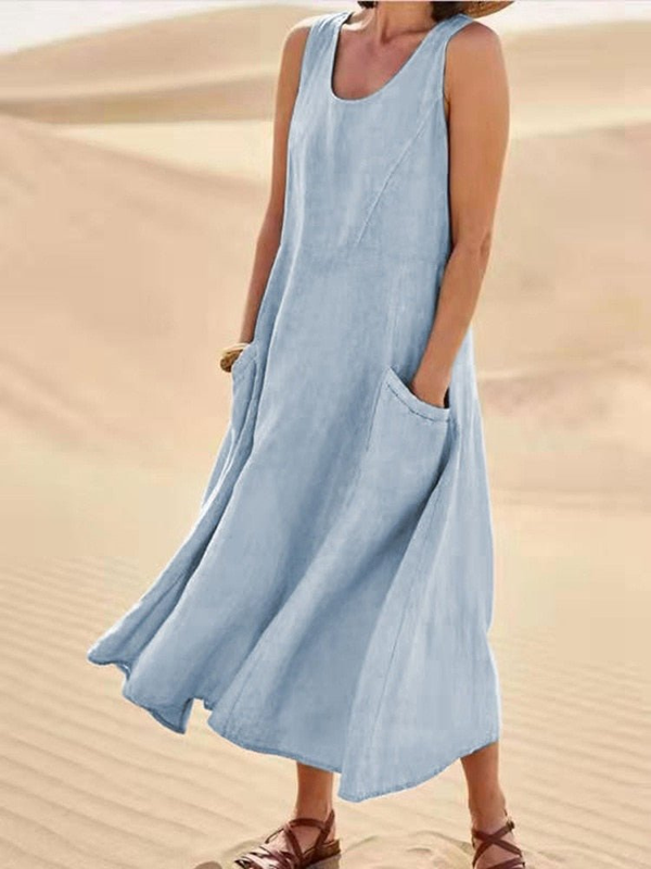 Women's Sleeveless Pocket Midi Dress with Relaxed Flowy Silhouette