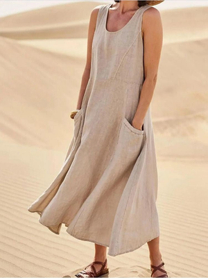 Women's Sleeveless Pocket Midi Dress with Relaxed Flowy Silhouette