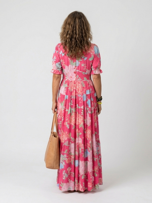 Women's Floral Print Maxi Dress with V-Neck, Short Sleeves