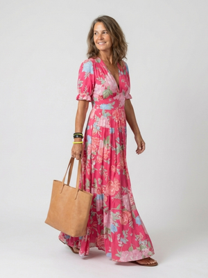 Women's Floral Print Maxi Dress with V-Neck, Short Sleeves
