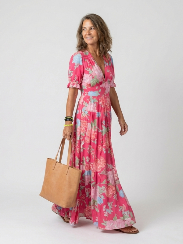 Women's Floral Print Maxi Dress with V-Neck, Short Sleeves