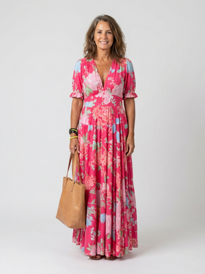 Women's Floral Print Maxi Dress with V-Neck, Short Sleeves