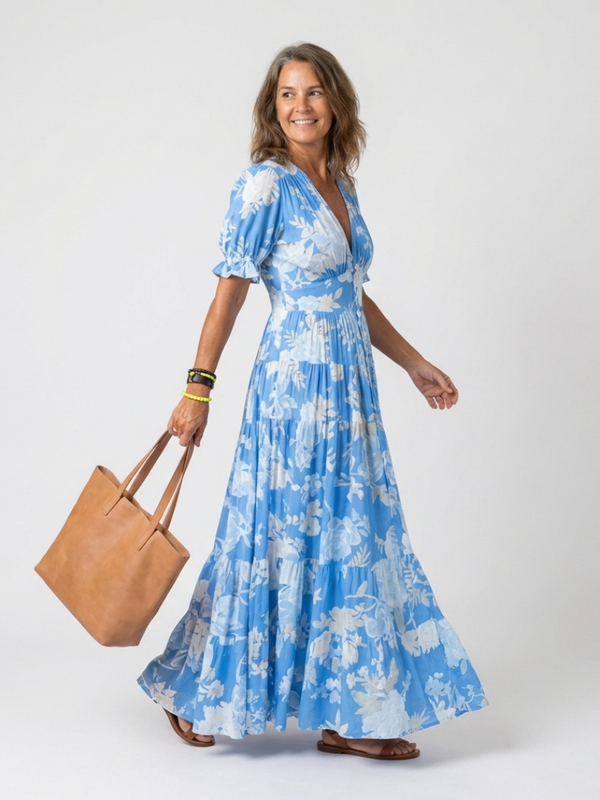 Women's Floral Print Maxi Dress with V-Neck, Short Sleeves