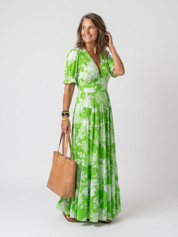 Women's Floral Print Maxi Dress with V-Neck, Short Sleeves