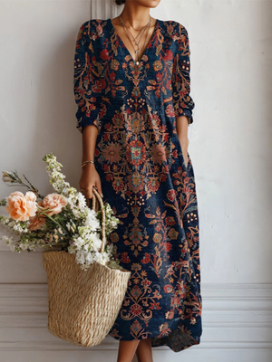 Women’s Floral Print V Neck Boho Midi Dress