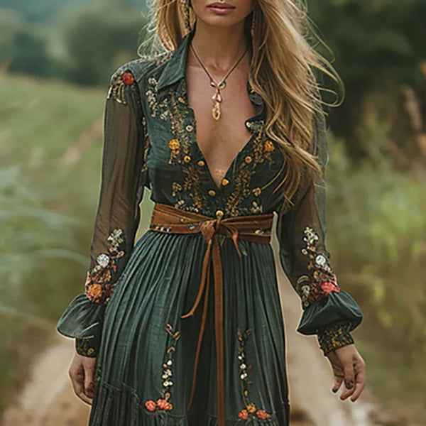 Women’s Floral Maxi Dress with Deep V Neck and Flowy Boho Inspired Silhouette
