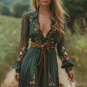 Vestido maxi vintage floral de mujer con mangas transparentes
